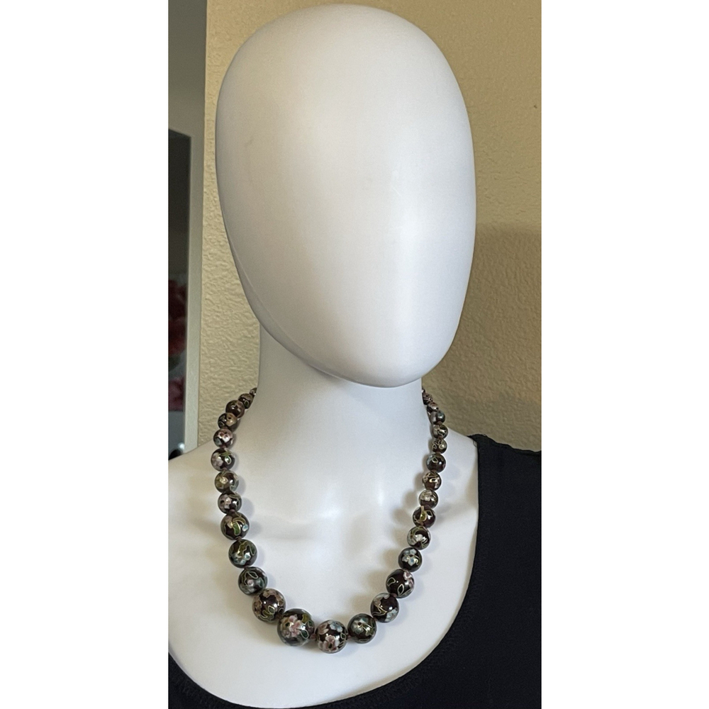 Asian Chinese Cloisonne Necklace 20”Floral Design Black, Green & Pink Feng Shui